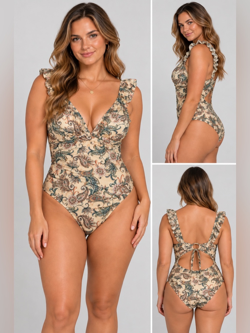 Cupshe One Piece Swimsuit Womens L Paisley Ruffle Strap Tie Back Cutout NWT